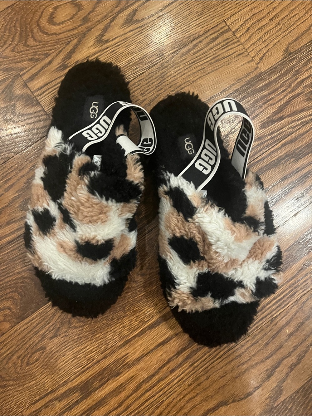UGG Tri-Color Fuzzy Slide Sandals in Black, White & Tan